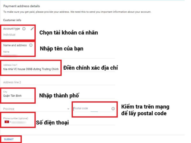 Tạo tài khoản Google Adsense cho Website điền đầy đủ thông tin