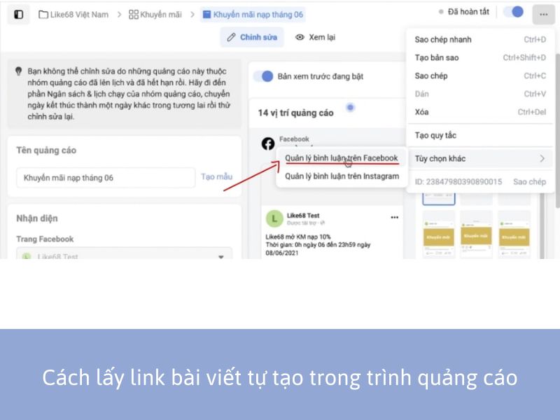 Cách lấy link bài viết tự tạo trong trình quảng cáo